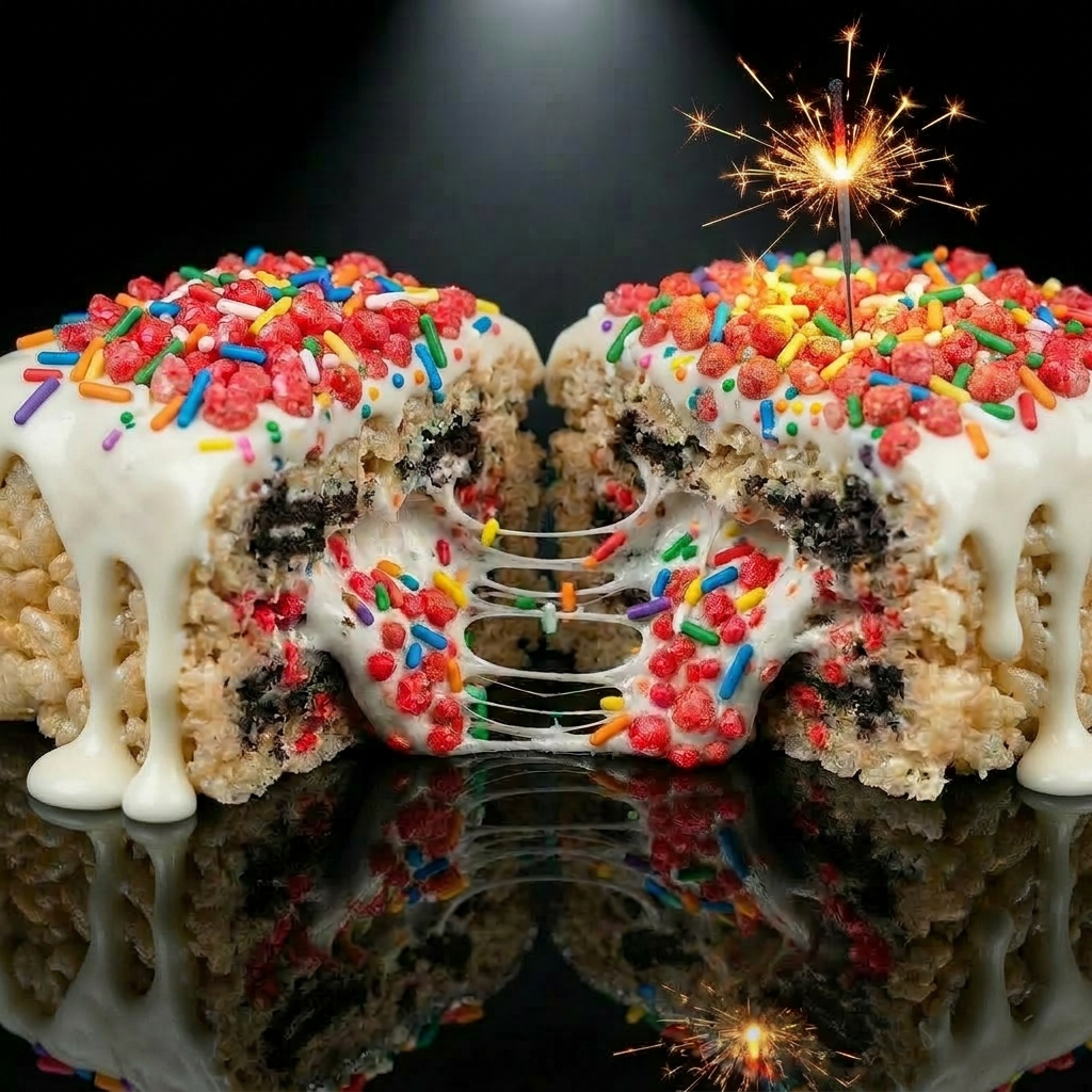 Poppin' Krispy — a Pop Rocks-infused rice krispy treat with silver glitter glaze and rainbow sprinkles